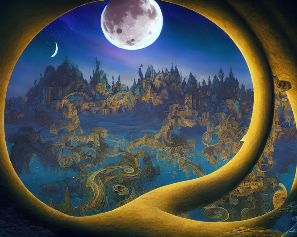 Fantastical landscape with moons, whimsical structures, and swirling patterns