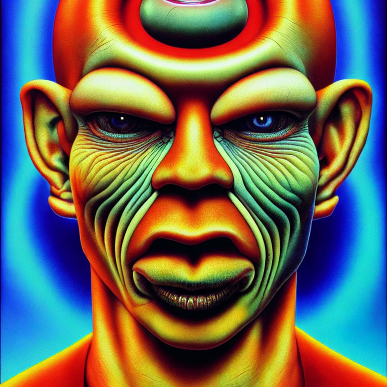 Colorful surreal portrait: Blue-faced figure with exaggerated features, orange neck, and third eye.