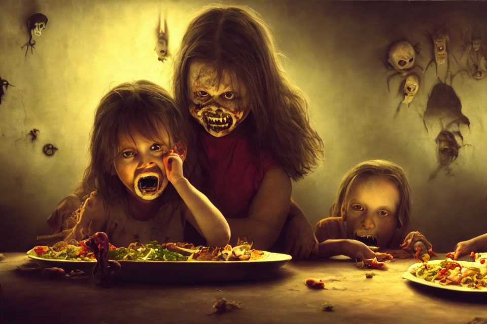 Distorted monstrous faces of three eerie children around a spooky table.