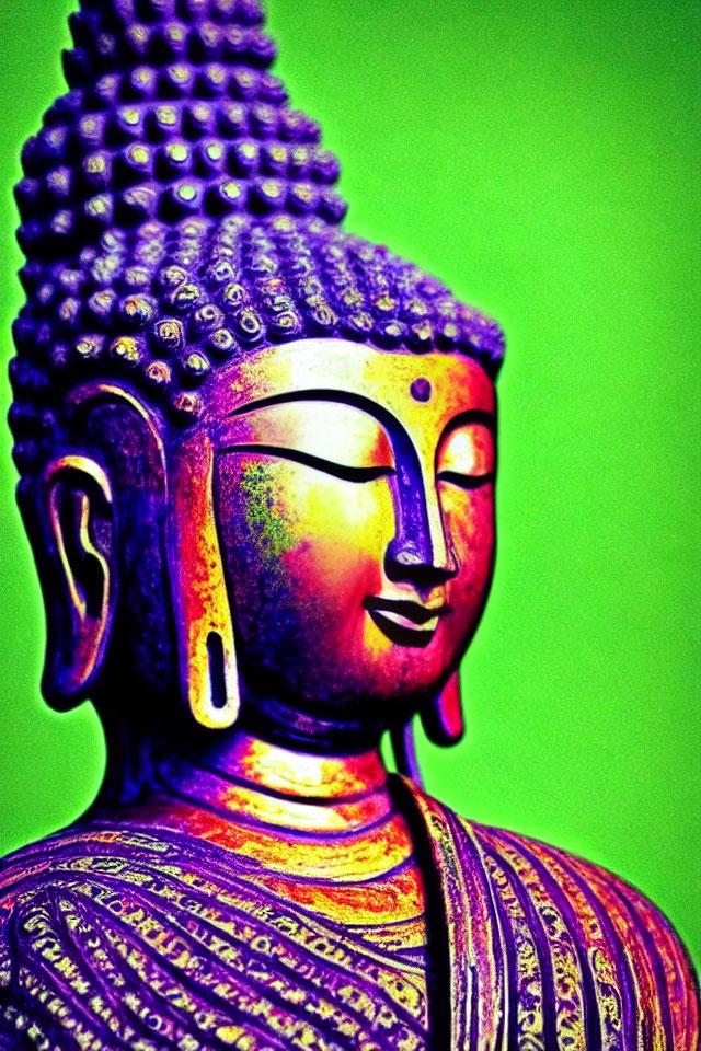Vibrant Buddha statue with purple and green background
