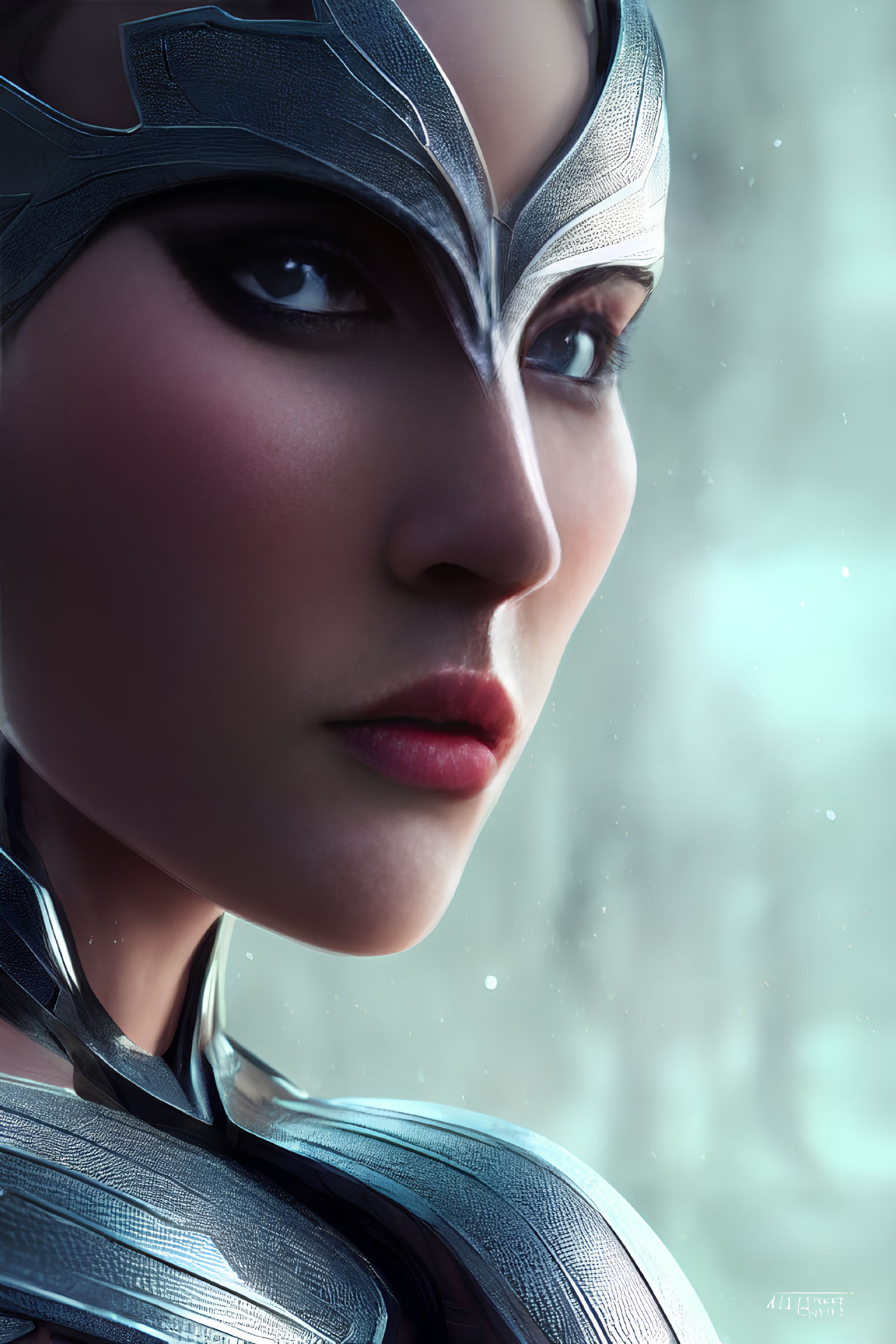 Digital art portrait of woman in futuristic helmet on blue background