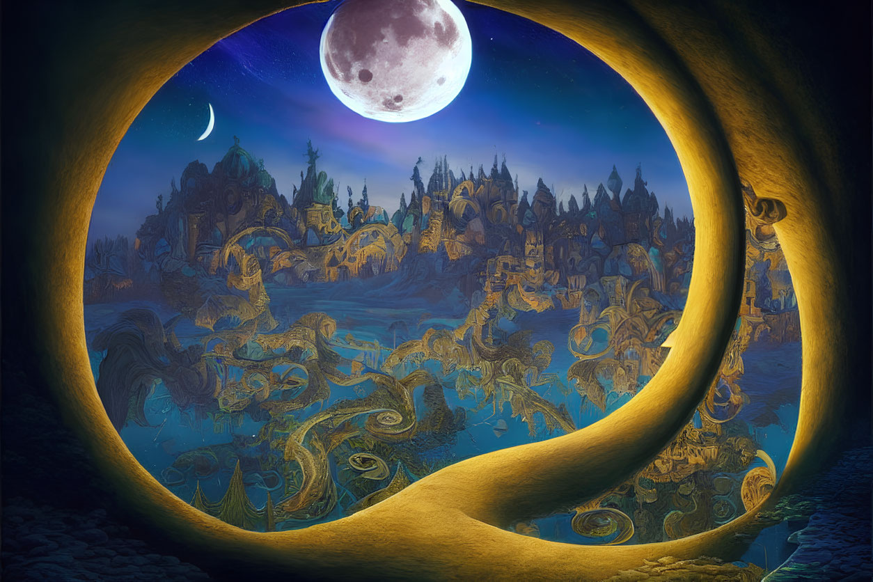 Fantastical landscape with moons, whimsical structures, and swirling patterns