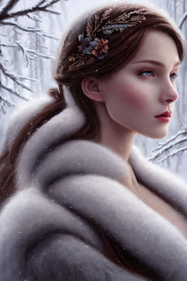 Woman in fur shawl and winter hair accessory in snowy landscape