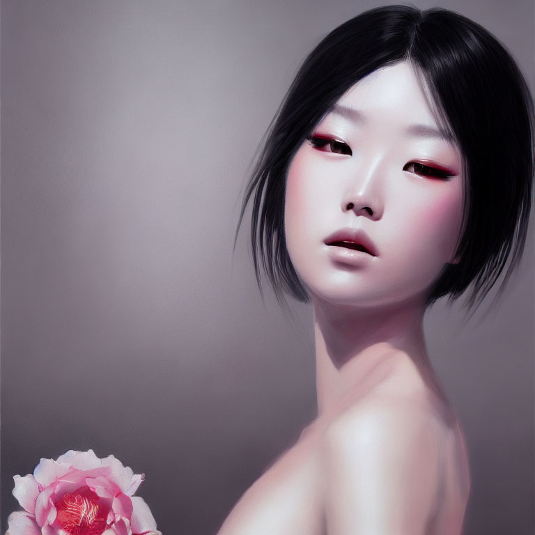 Digital illustration: Woman with black hair, red eyeshadow, pink flower.