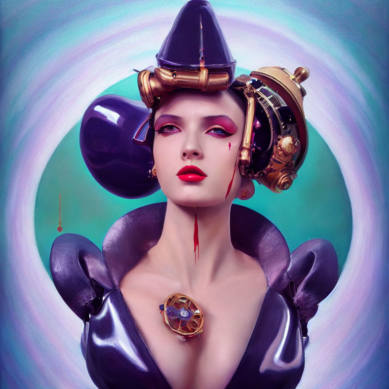 Futuristic steampunk-inspired digital artwork of a woman with brass headwear and purple tones