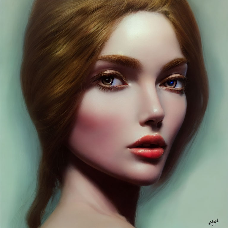 Portrait of woman with fair skin, blue eyes, red lips, and wavy brown hair gazes
