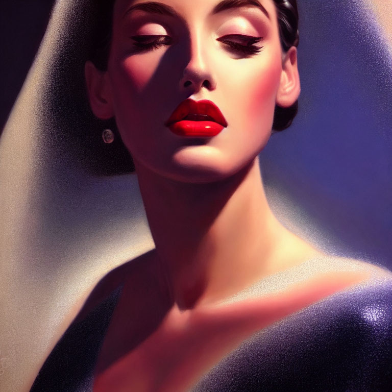 Detailed portrait of woman with red lips and sharp eyebrows in moody setting