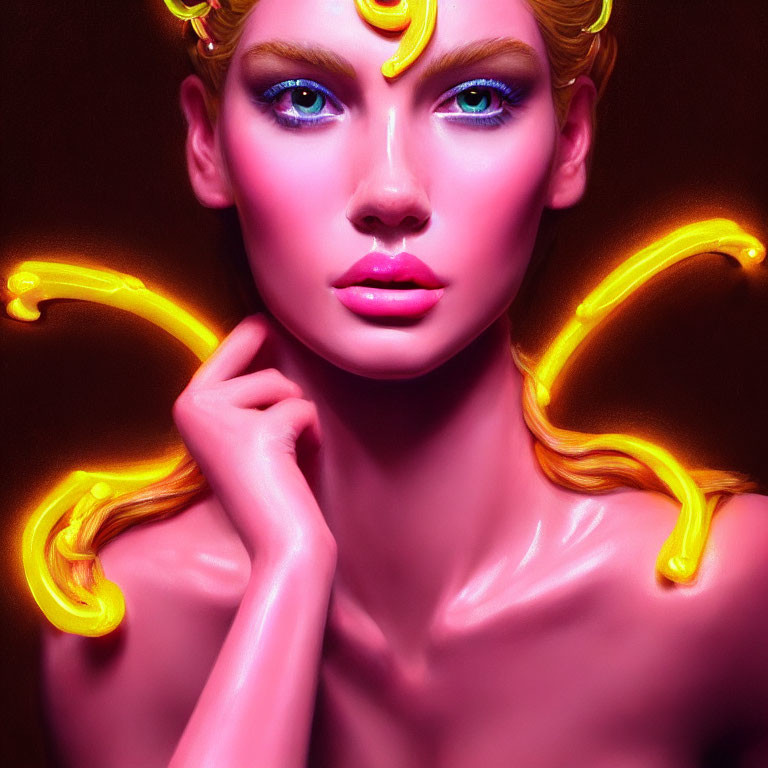 Digital artwork featuring woman with blue eyes and yellow swirling patterns, illuminated by vibrant lighting.