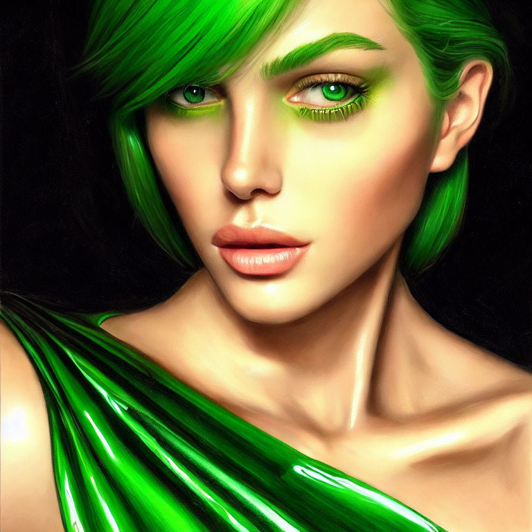 Woman with Green Hair and Matching Eyeshadow in Digital Art