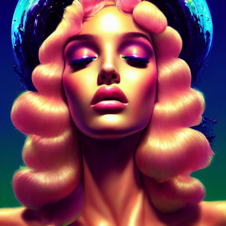 Colorful portrait of woman with stylized hair and cosmic globe.