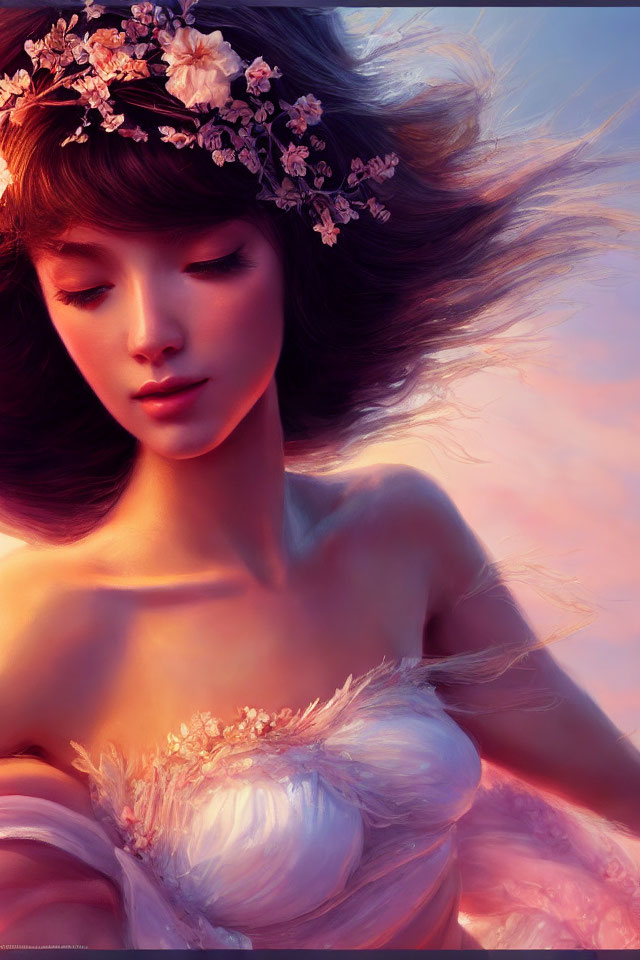 Digital artwork featuring young woman with floral crown and flowing hair in warm light