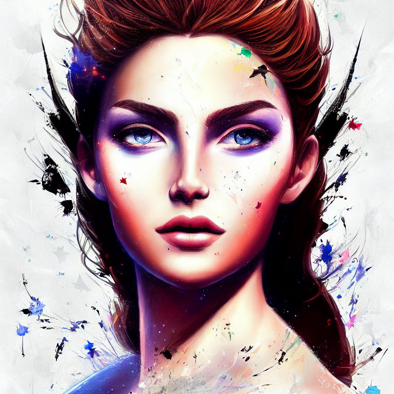 Vibrant digital portrait of a woman with blue eyes and artistic makeup