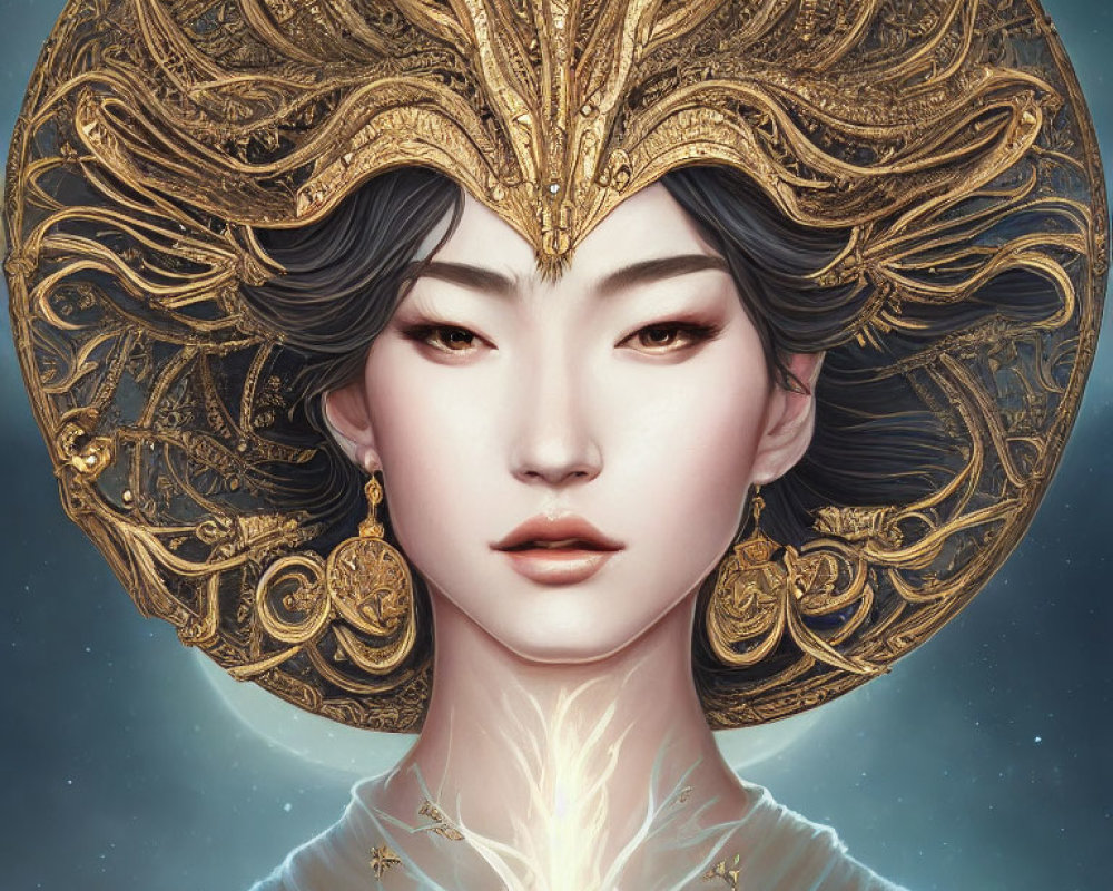 Digital artwork of woman with golden headwear and ethereal glow