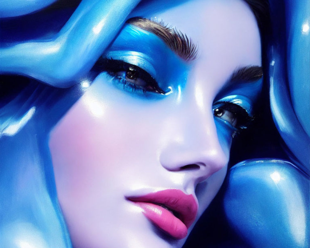 Futuristic digital art of a woman with vibrant blue hair and striking makeup
