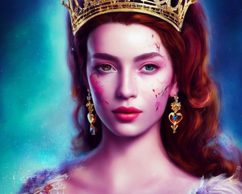 Regal woman with golden crown and heart-shaped earrings on starry blue background