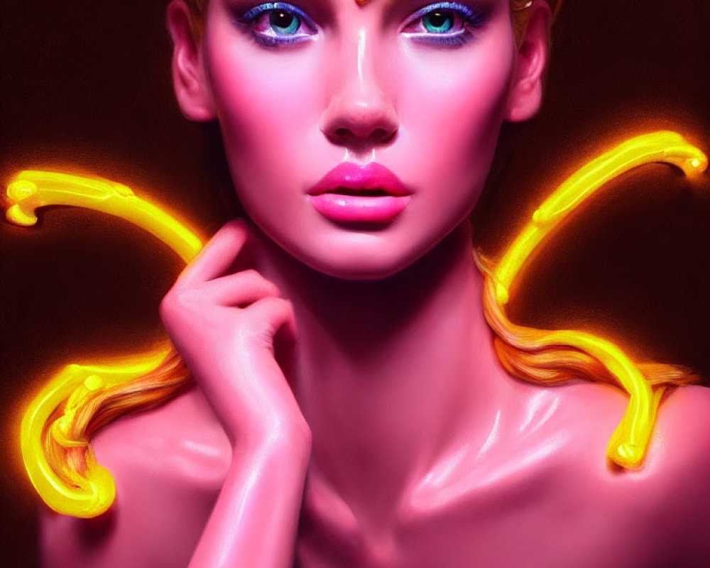 Digital artwork featuring woman with blue eyes and yellow swirling patterns, illuminated by vibrant lighting.