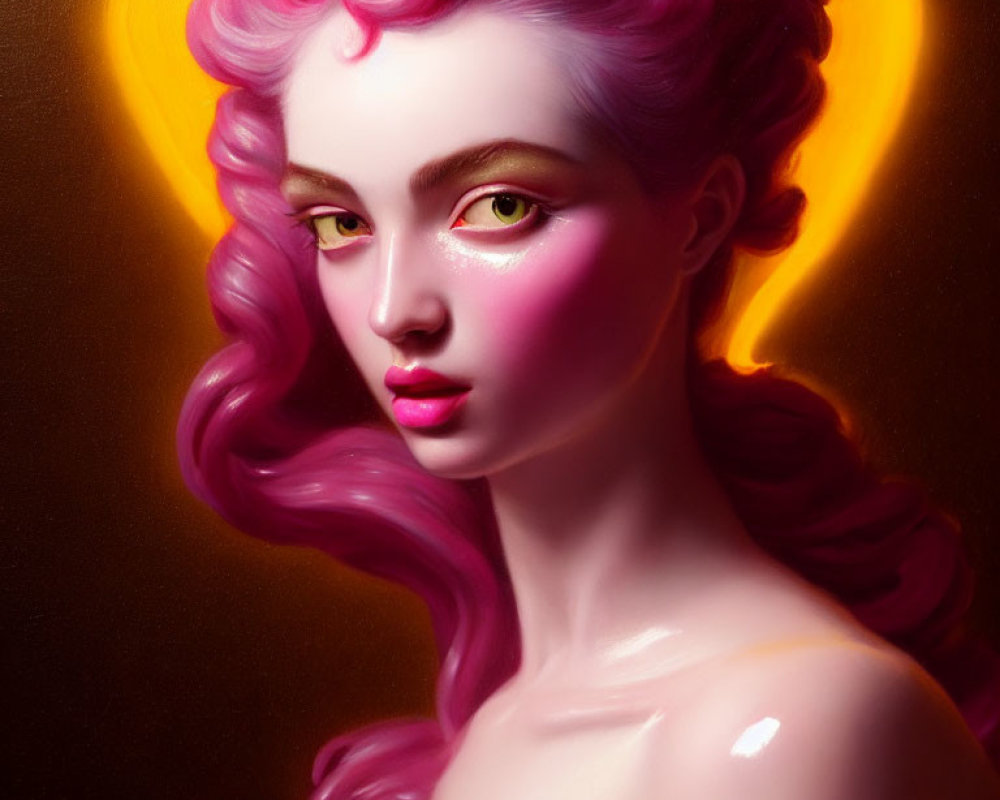 Digital artwork featuring person with pink wavy hair, golden eyes, and radiant skin against warm glowing background