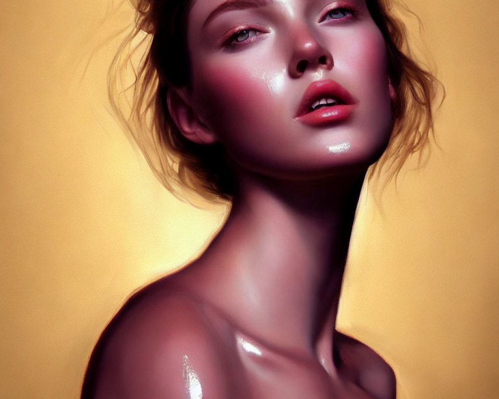 Digital painting: Woman with glowing skin, prominent cheekbones, tousled hair on warm background