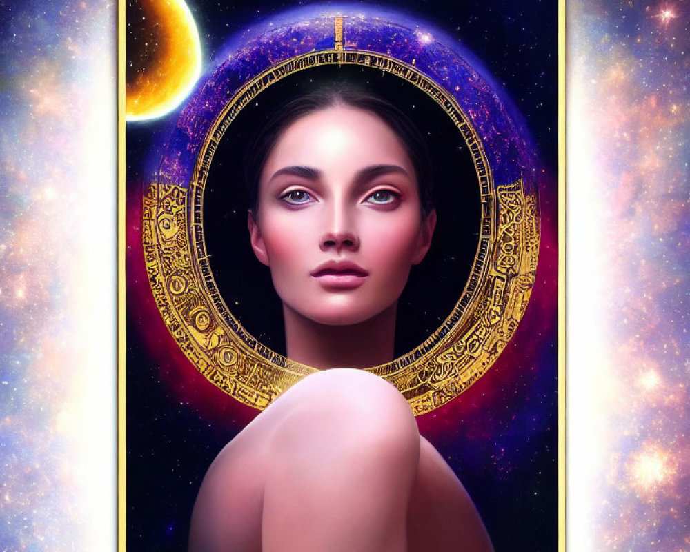 Celestial Woman with Golden Halo in Cosmic Setting
