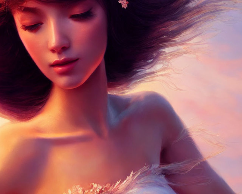 Digital artwork featuring young woman with floral crown and flowing hair in warm light