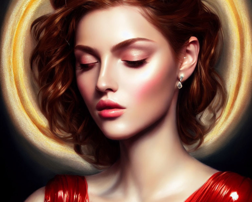 Red-haired woman in shiny dress with halo glow illustration