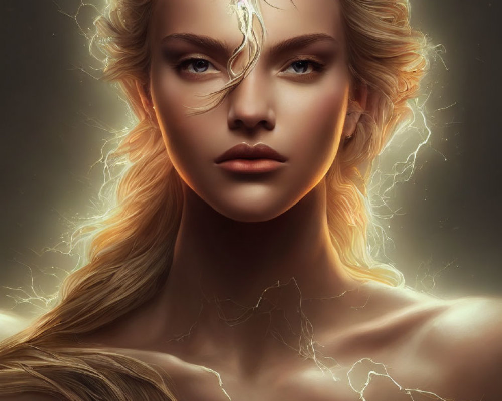 Woman's portrait with lightning in hair, exuding power.