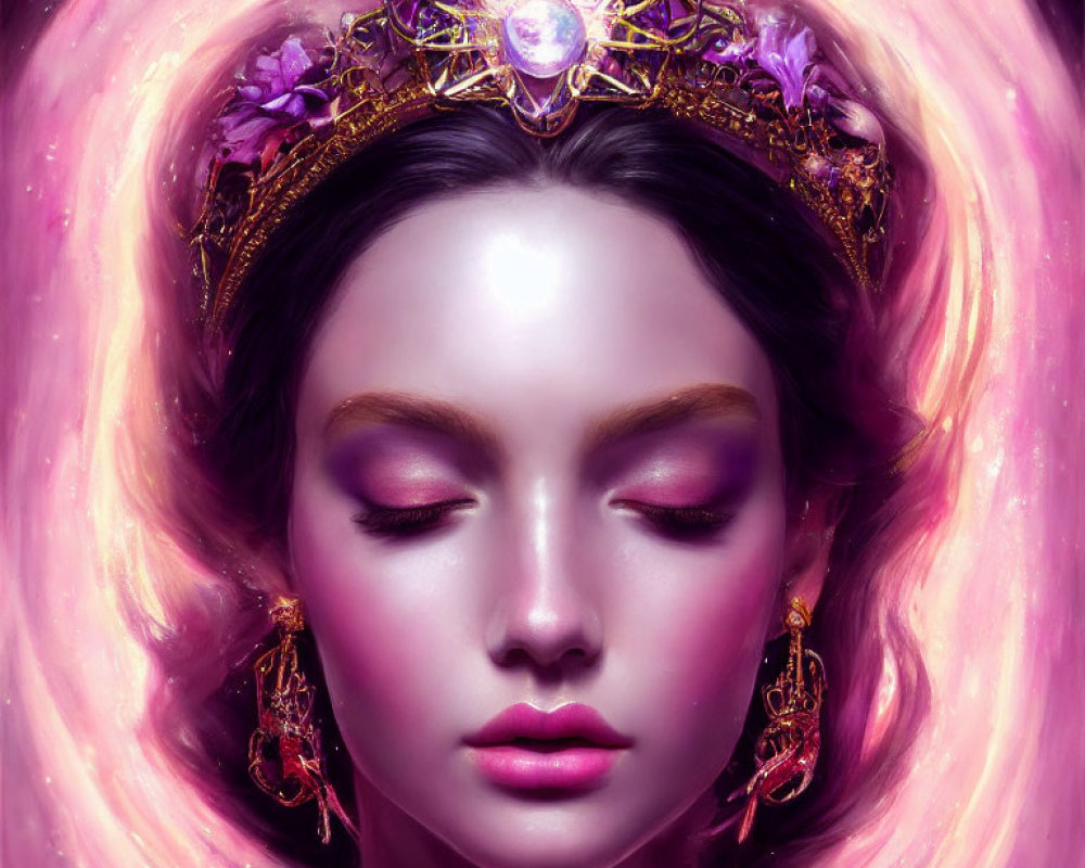 Serene woman with closed eyes in jeweled crown surrounded by pink aura