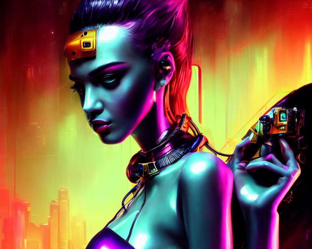 Futuristic female cyborg with neon cityscape backdrop