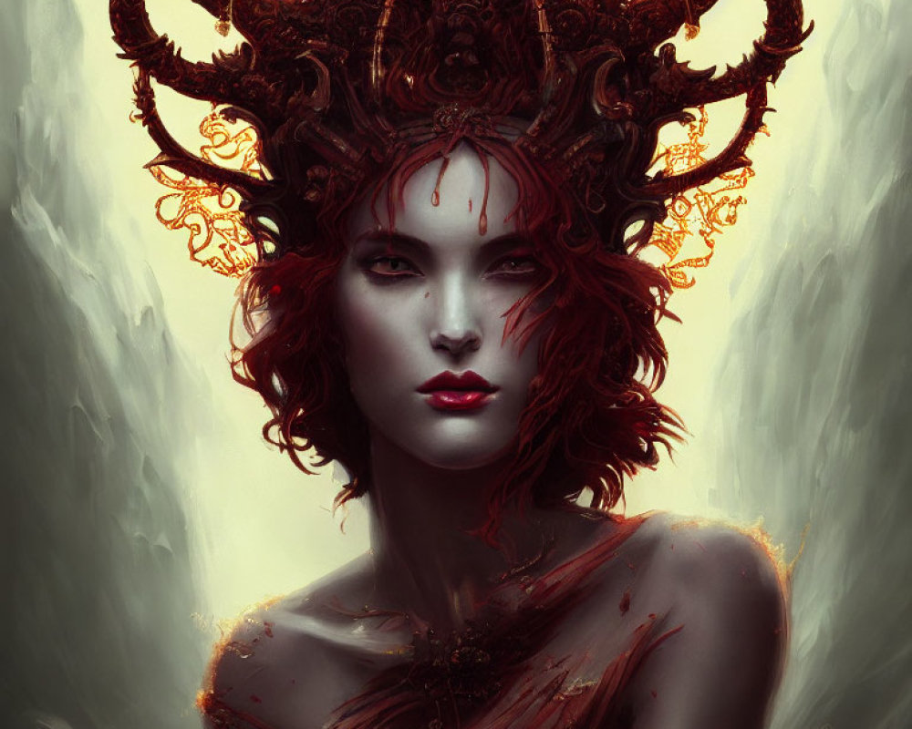 Illustrated red-skinned woman with horned headpiece in misty setting