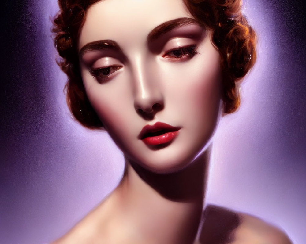 Woman's portrait with short curly hair and red lips in soft purple and pink lighting