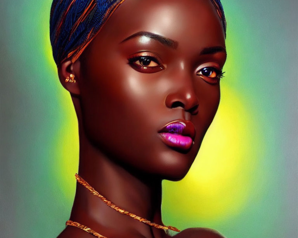 Portrait of Woman with Dark Skin, Pink Lips, and Blue Headwrap on Colorful Background