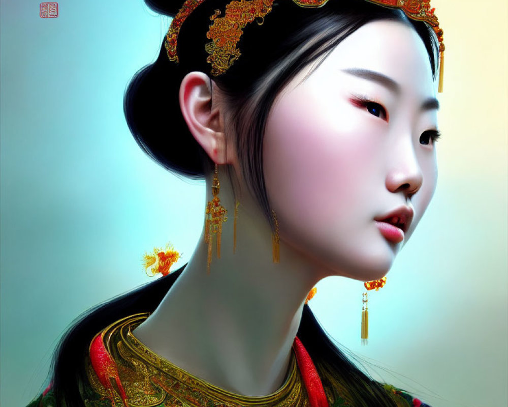 Digital portrait of woman in traditional Chinese attire with ornate headdress and gold jewelry