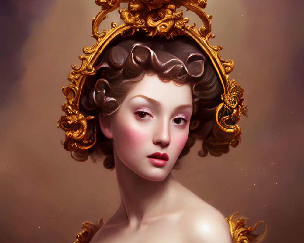 Baroque-style woman portrait with golden headpiece on warm backdrop
