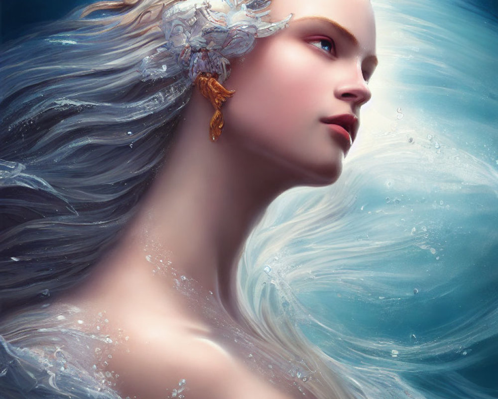 Ethereal female character with white hair and intricate headwear on blue backdrop