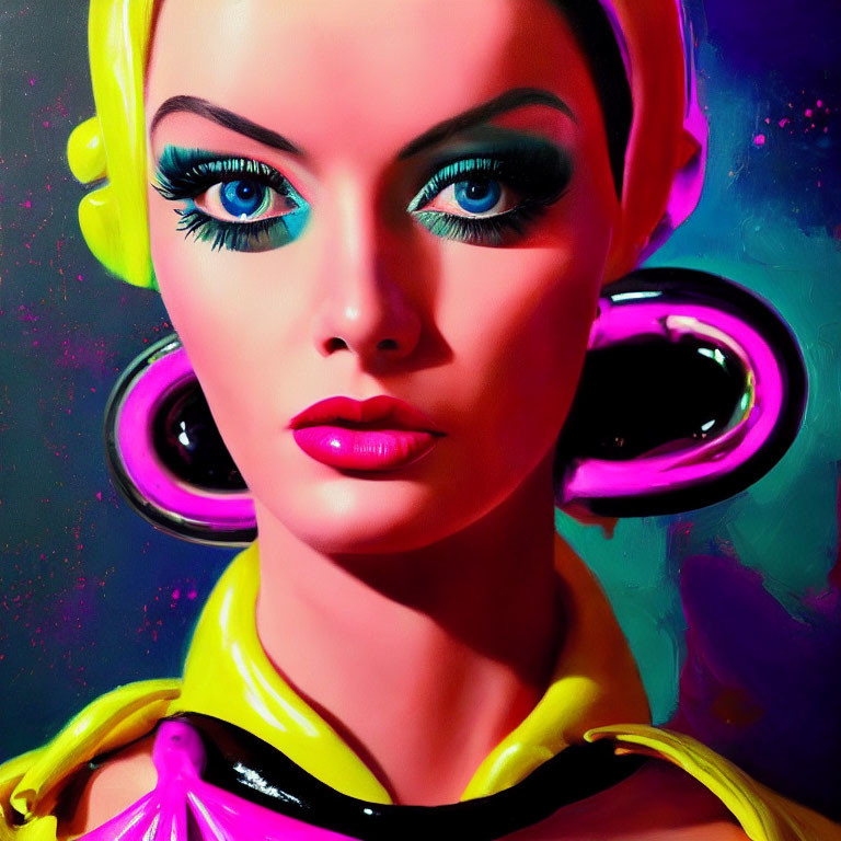 Colorful digital artwork: Woman with blue eyes, yellow and pink attire, under neon lighting.