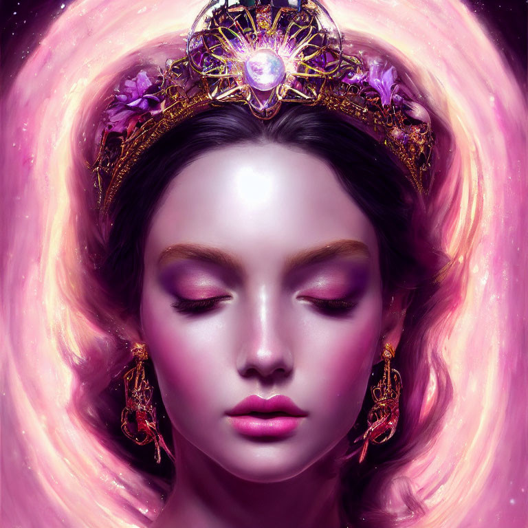 Serene woman with closed eyes in jeweled crown surrounded by pink aura