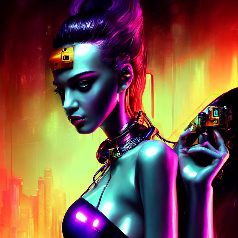 Futuristic female cyborg with neon cityscape backdrop