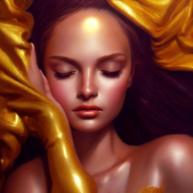 Ethereal portrait of woman with flowing dark hair and gold fabric