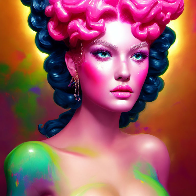 Vibrant digital artwork of a woman with pink and blue hair & colorful skin tones