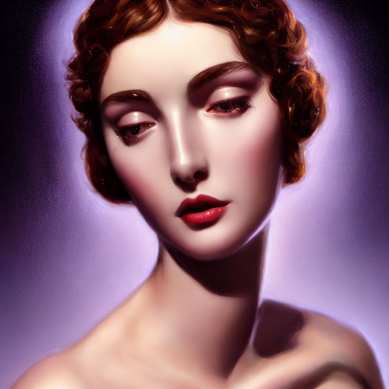 Woman's portrait with short curly hair and red lips in soft purple and pink lighting