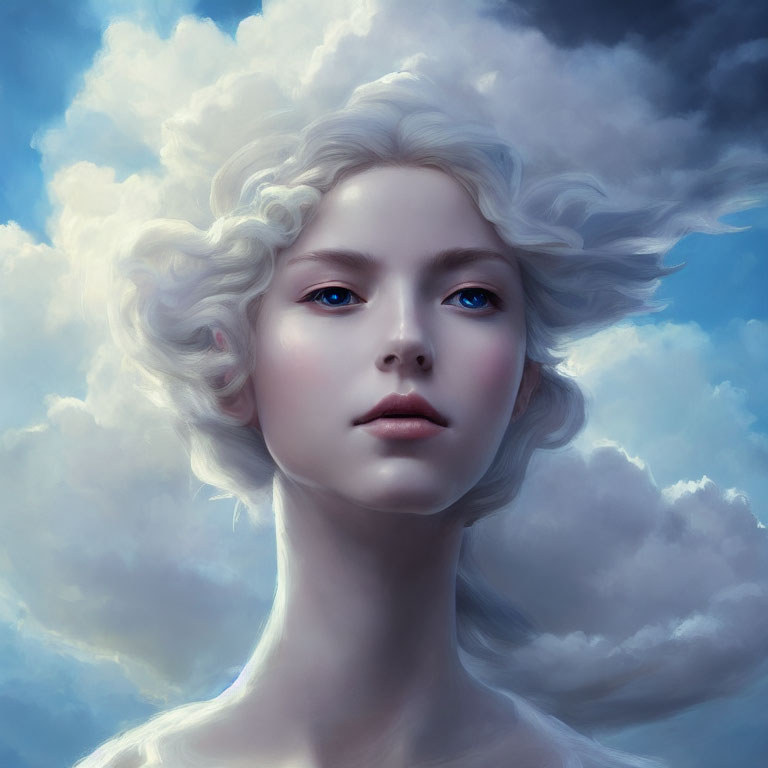 Portrait of a woman with pale skin, light blue eyes, and white curly hair in a blue sky
