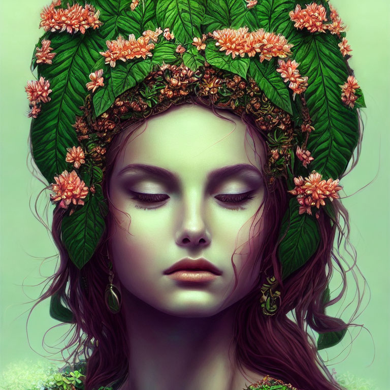 Digital artwork of a woman with closed eyes wearing a leafy headdress with orange flowers on a soft
