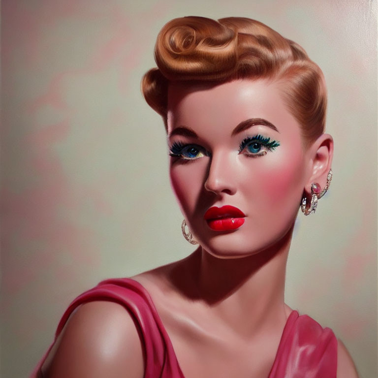 Stylized portrait of woman with 1950s hairstyle & pink dress