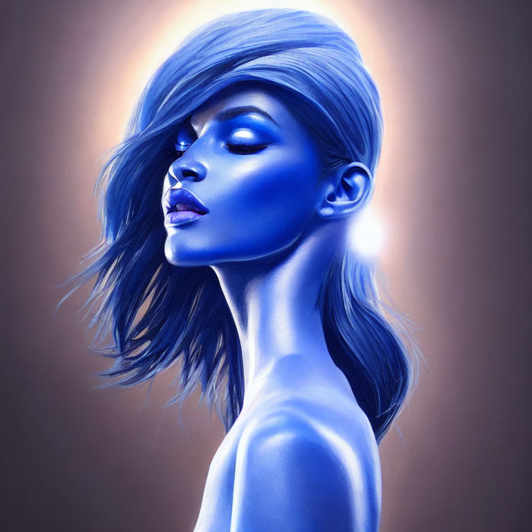 Blue-skinned woman digital artwork on warm background