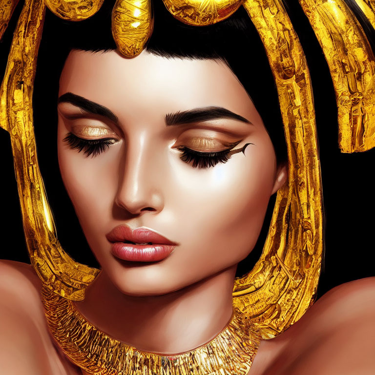 Stylized portrait of woman with gold headdress and jewelry