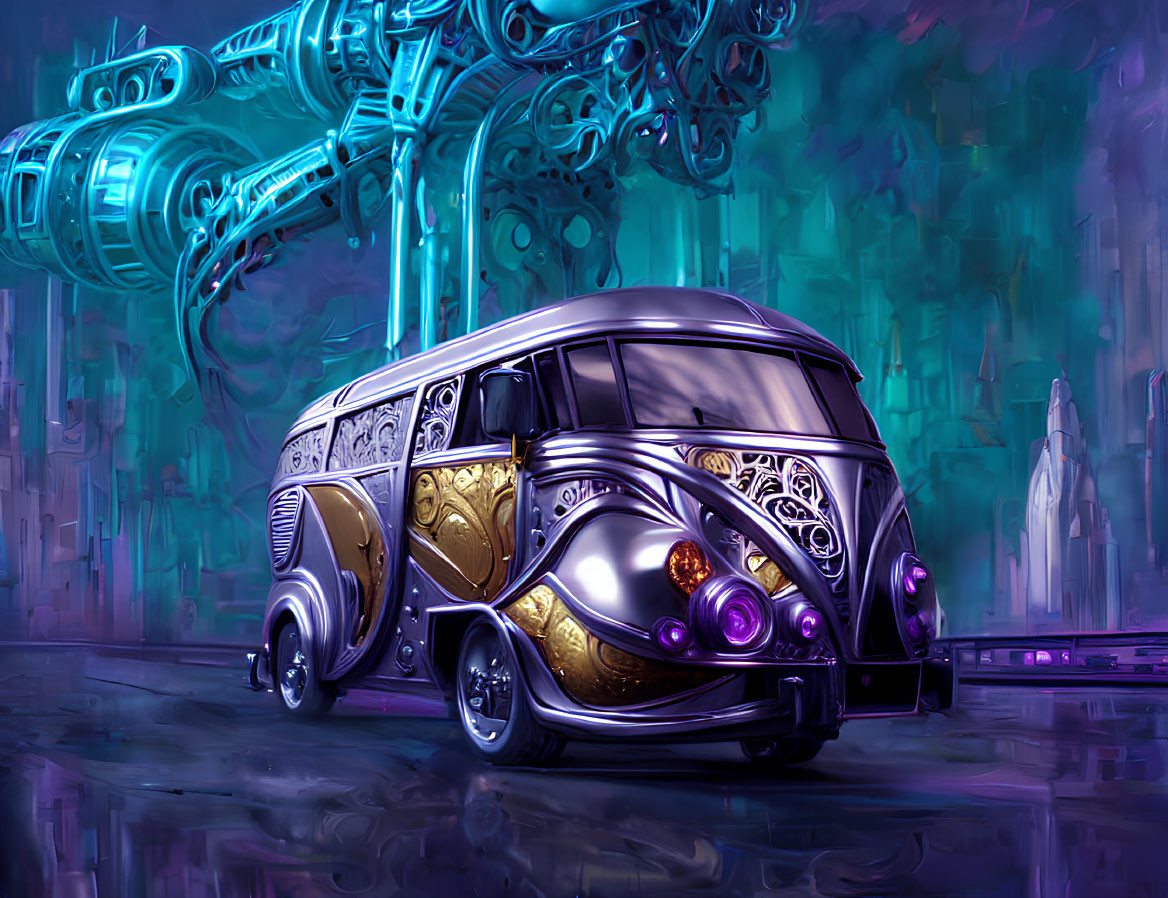 Futuristic silver and gold van in neon-lit cityscape with robotic arm