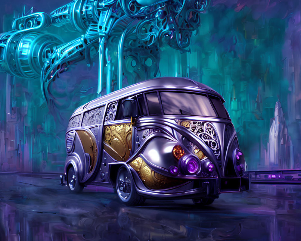 Futuristic silver and gold van in neon-lit cityscape with robotic arm