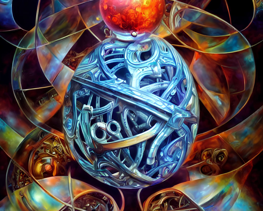 Colorful digital artwork with metallic sphere, geometric patterns, and fiery orb