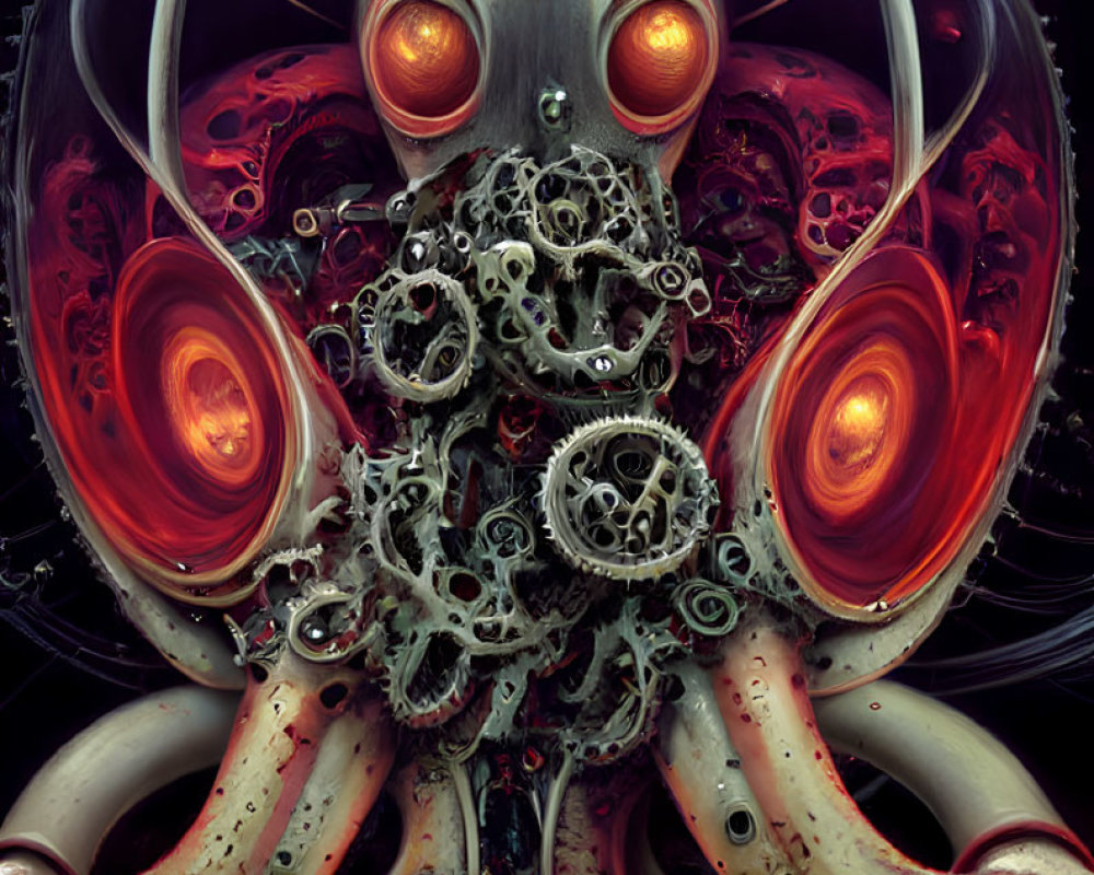 Mechanical octopus with glowing orange eyes and steampunk design