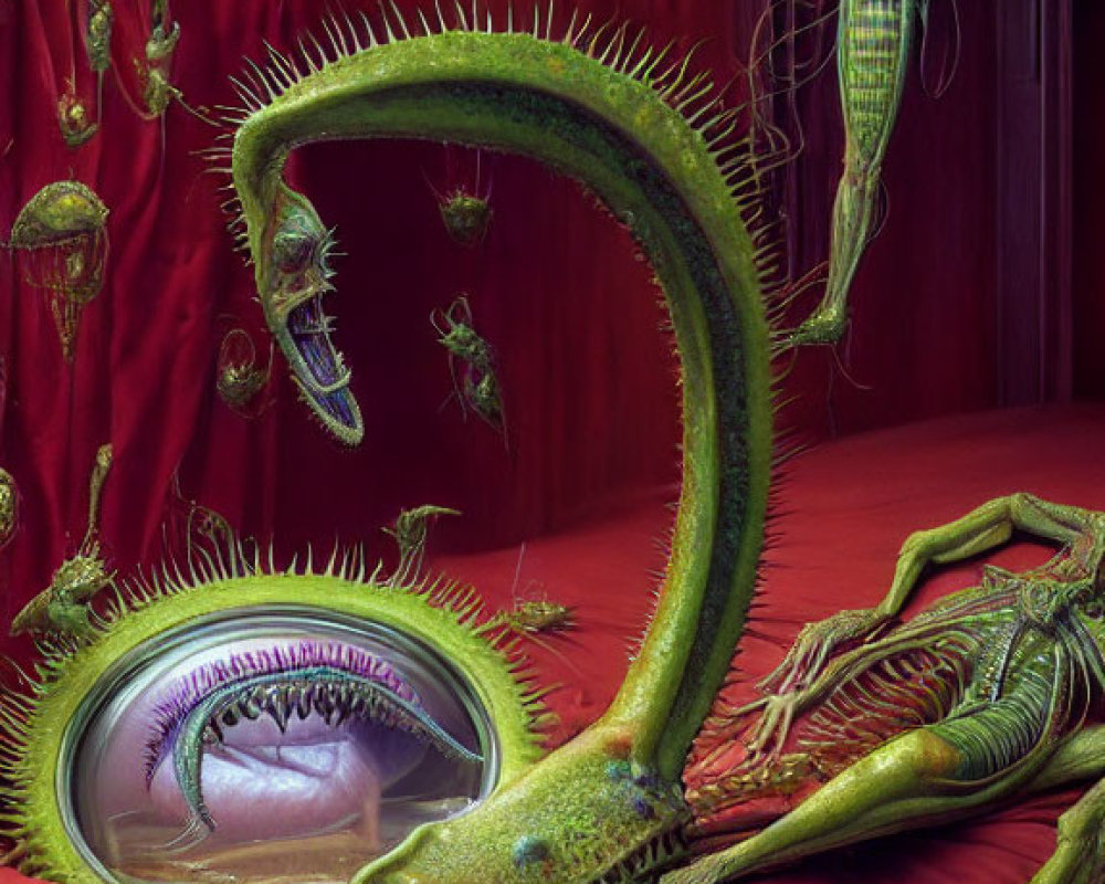 Surreal artwork: elongated green creature with eye-like body in red drapery.